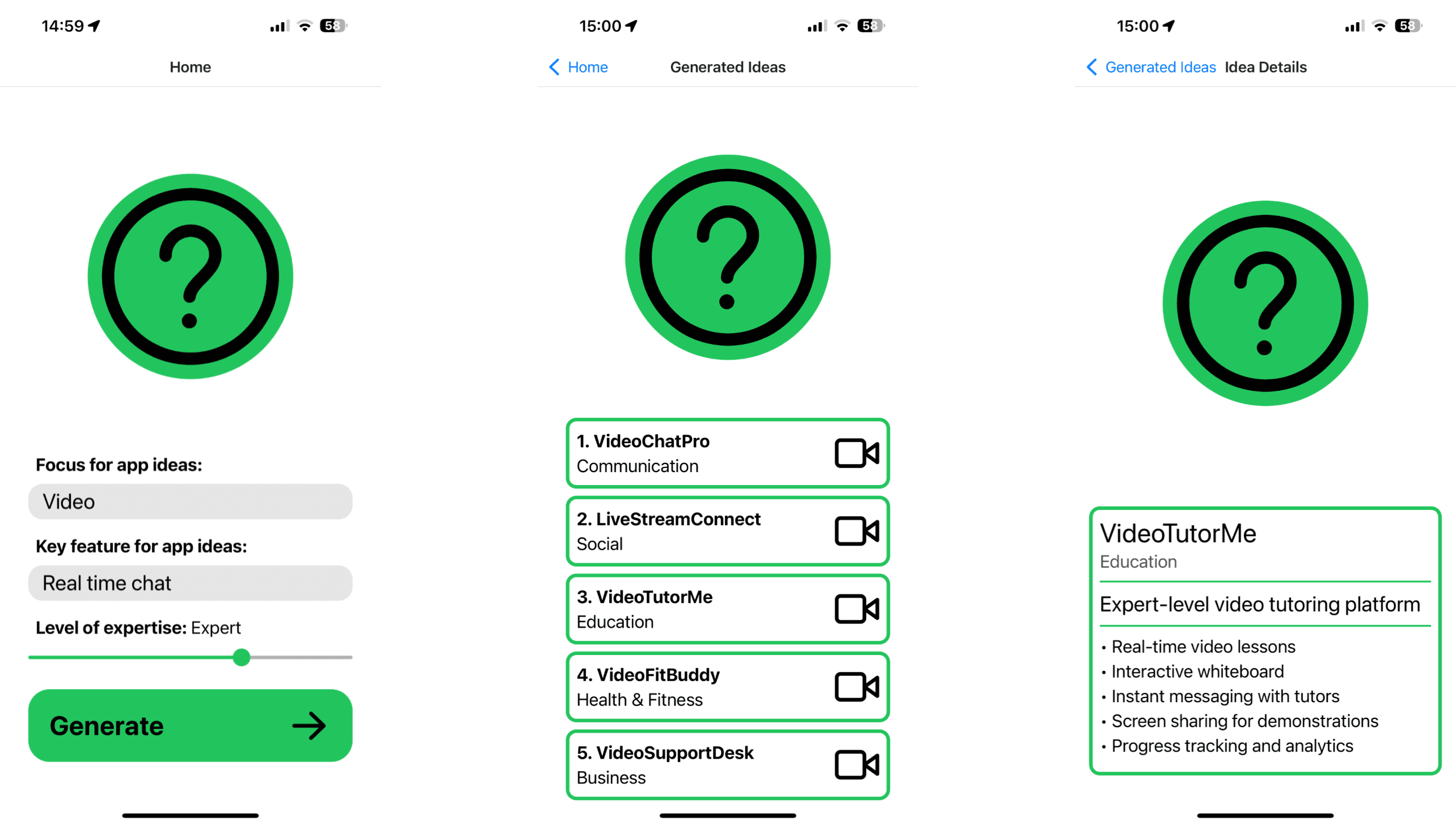 Home page, idea list page and idea details page of App Idea Generator for video app ideas.