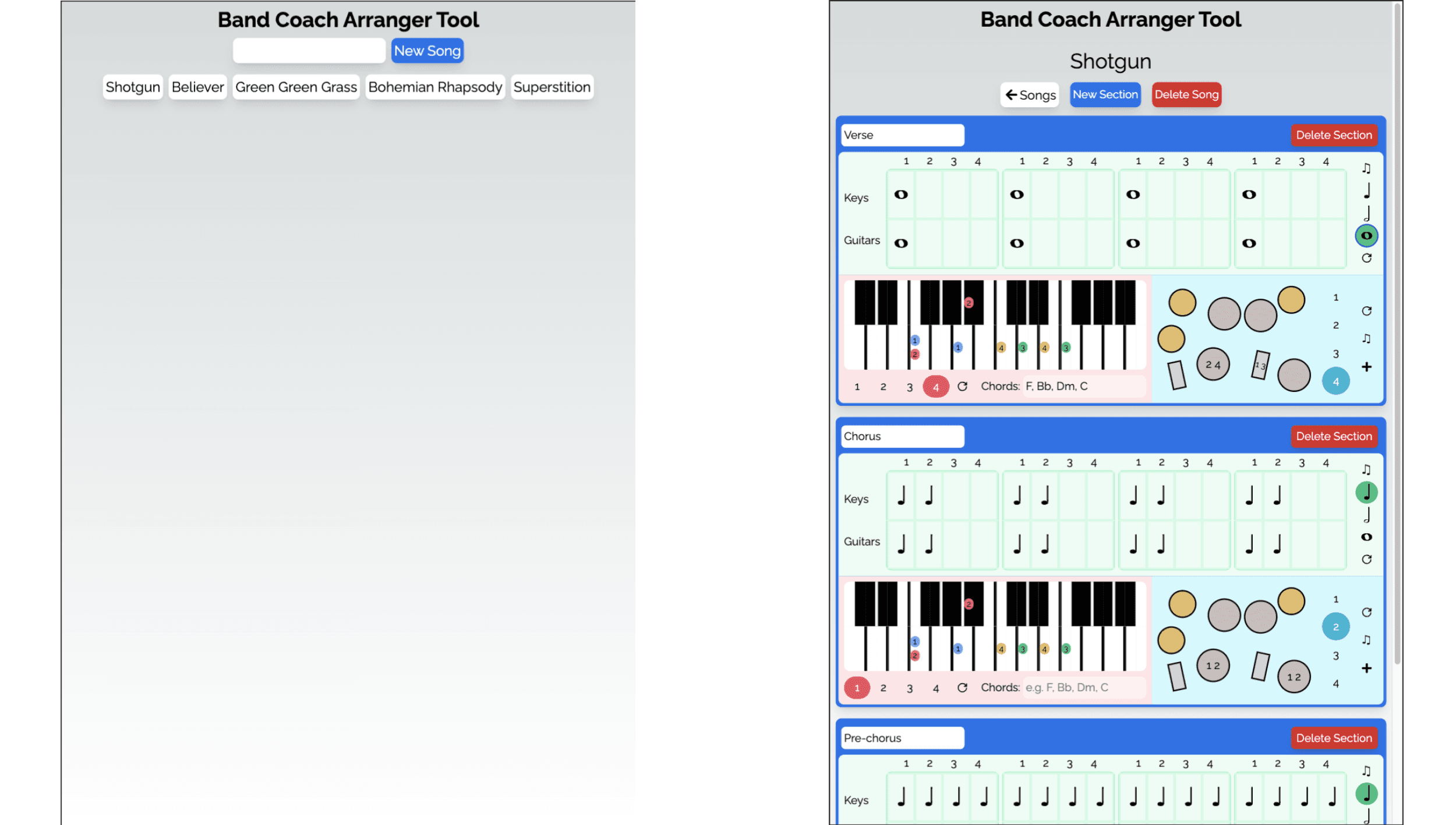 The home screen and song view of the Band Coach Arranger Tool