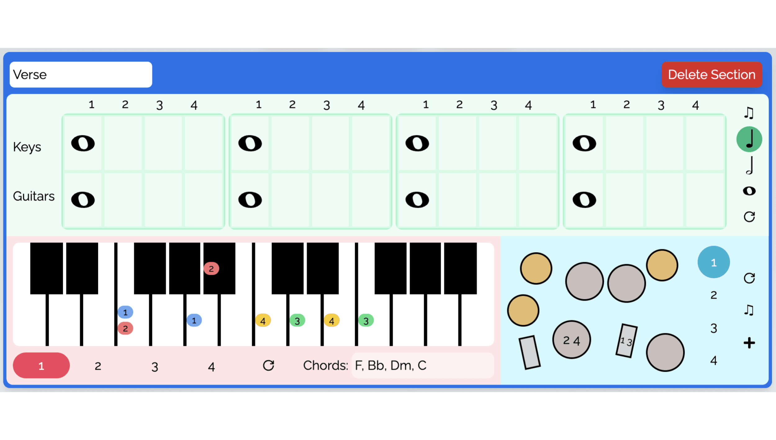 A single section of a song with an area for rhythms, a keyboard and a drum kit