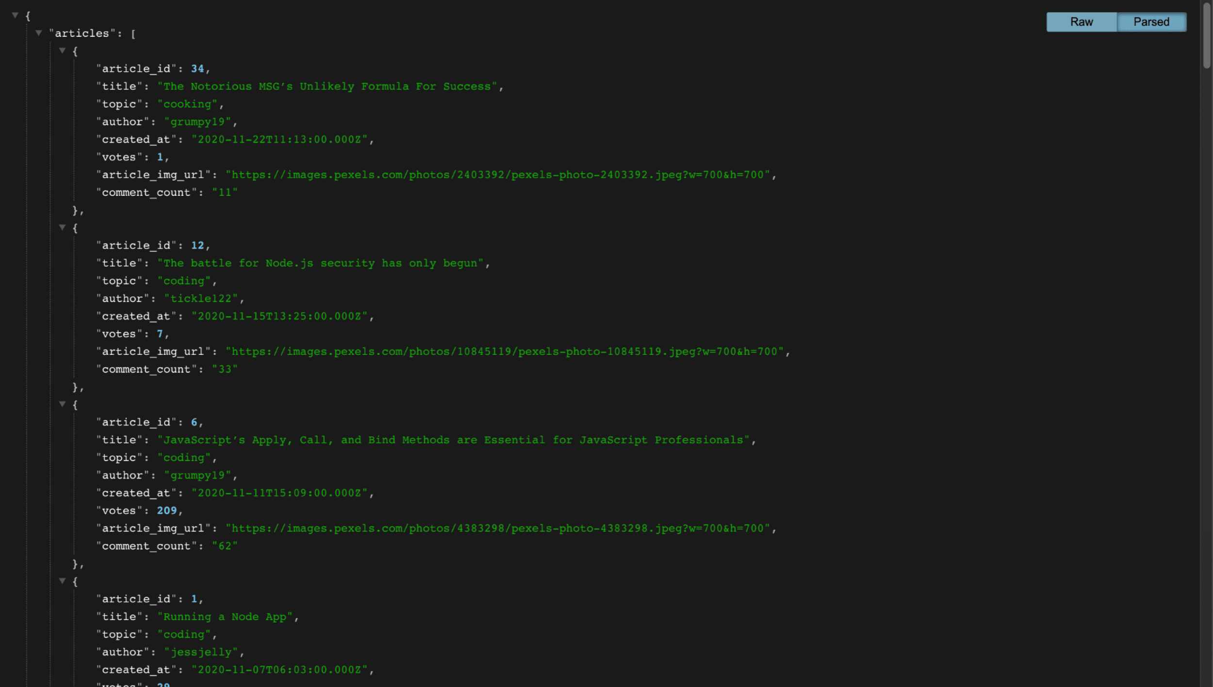 A view of the /api/articles endpoint, showing article details in JSON format.