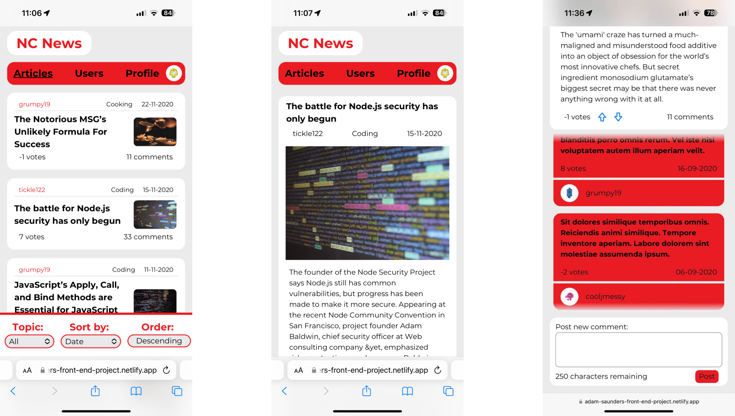 Three images of NC News as viewed from a mobile, showing the main article list and a detailed article view.