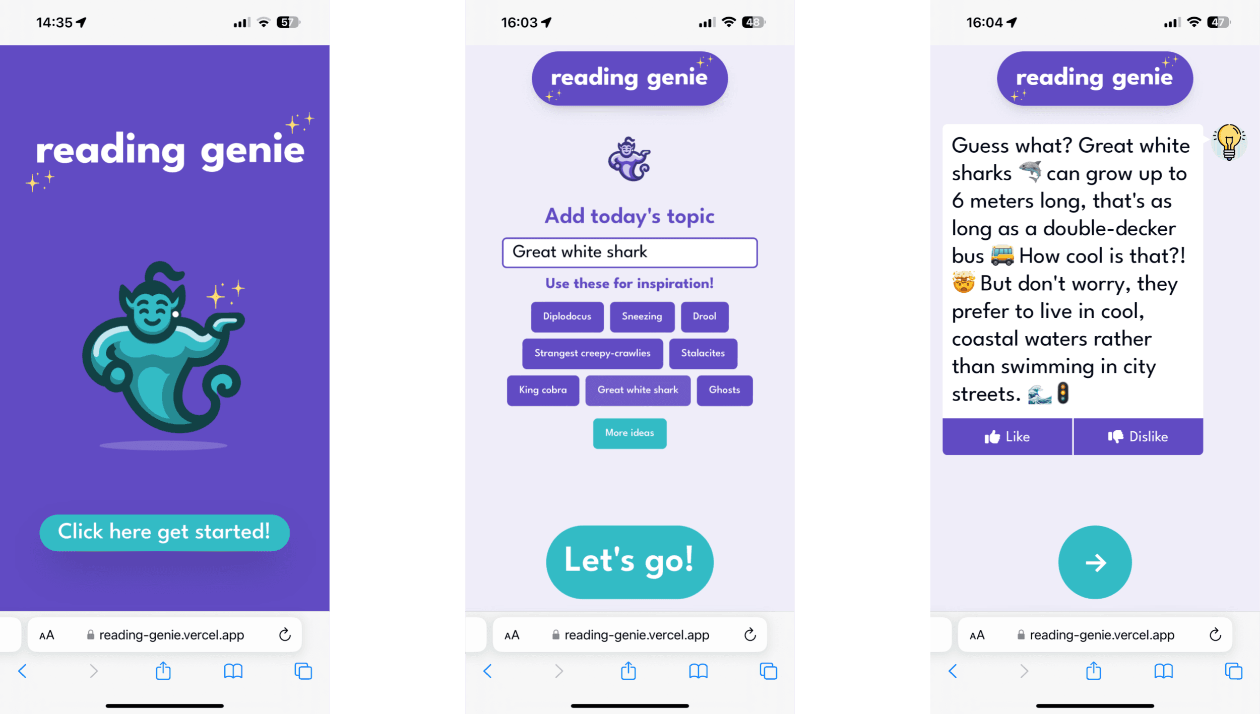 3 images. First: the home screen of Reading Genie, a purple page with a blue genie image. Second: a screen to choose the topic for Reading Genie. Third: a snippet of information about Great White Sharks.