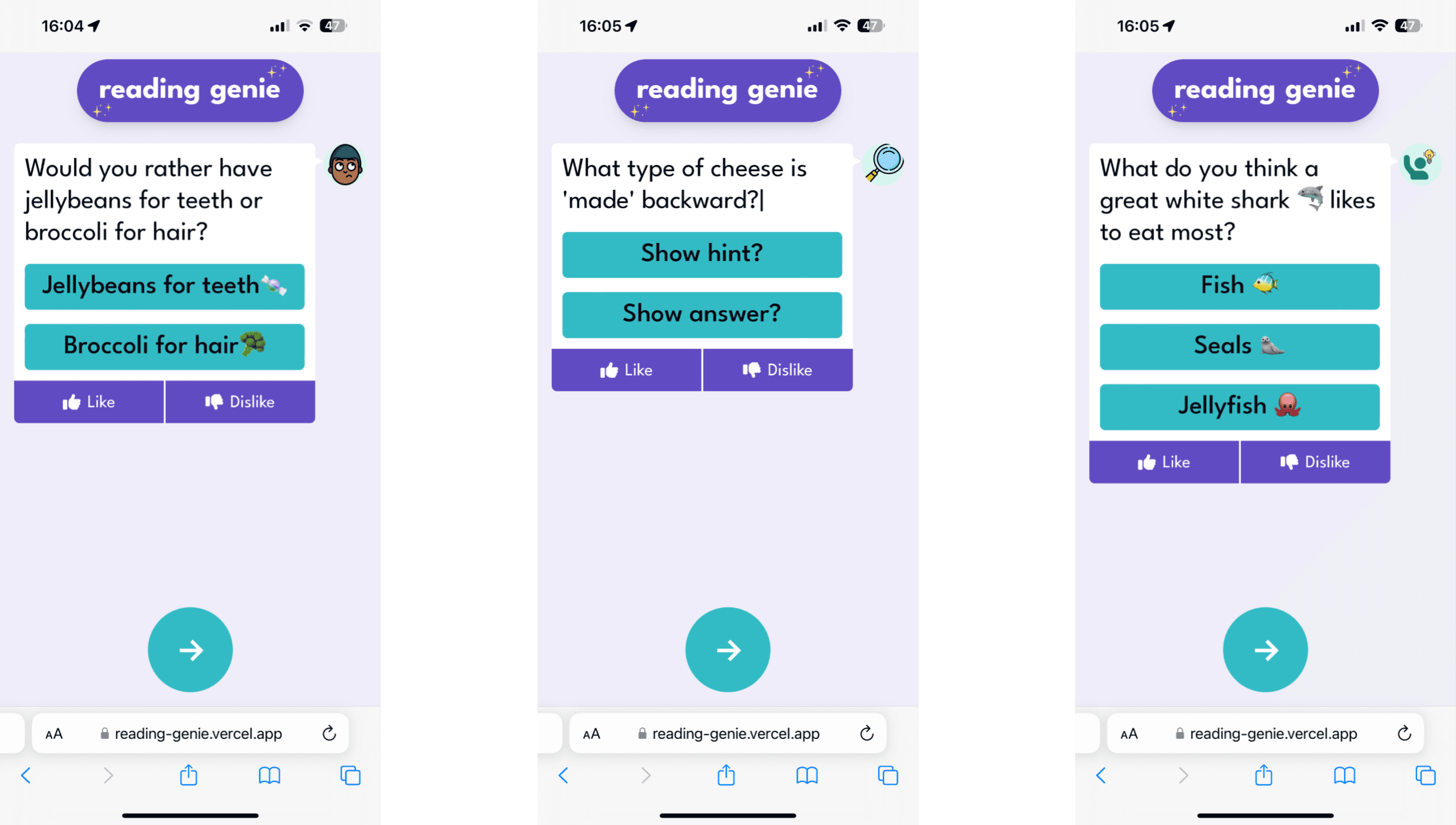 Three images of the different types of content on Reading Genie, a would you rather, a joke and a quiz