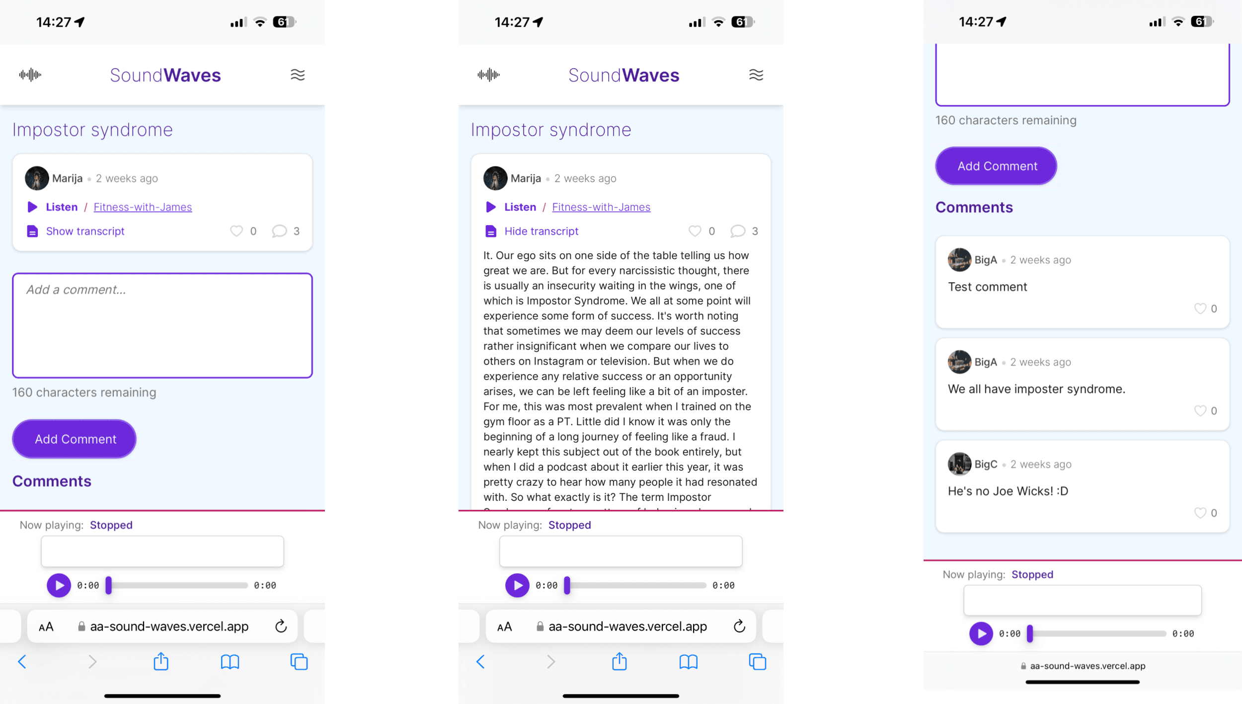 Screenshots of the single wave page, showing a transcipt and comments